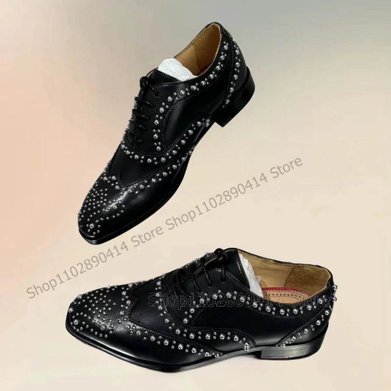 Silver Rivets Decor Black Strappy Square Toe Loafers Fashion Lace Up Men Shoes Luxurious Handmade Party Office Men Dress Shoes - FLORANZANI- Beauté & Santé