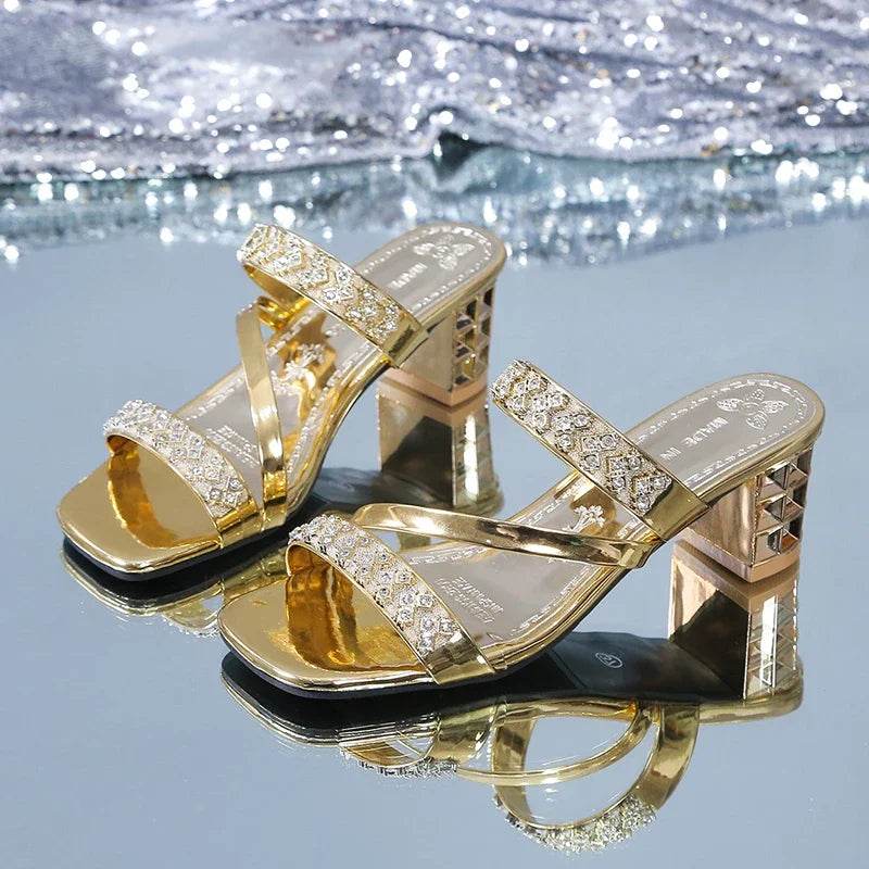 Shiny Gold Silver Women's Sandals Summer 2023 Crystal High Heels Party Shoes Woman Comfortable Thick Heel Slides Sandalias Mujer - FLORANZANI- Beauté & Santé