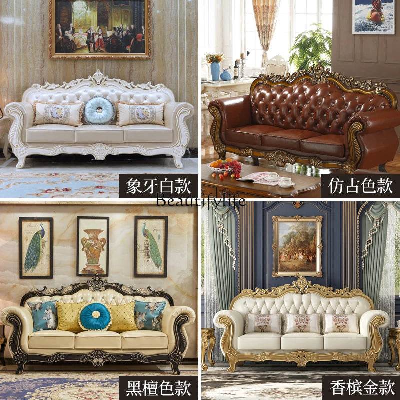 Living Room Furniture High-Grade Solid Wood Carved Luxury First Layer Cowhide Leather Sofa - FLORANZANI- Beauté & Santé