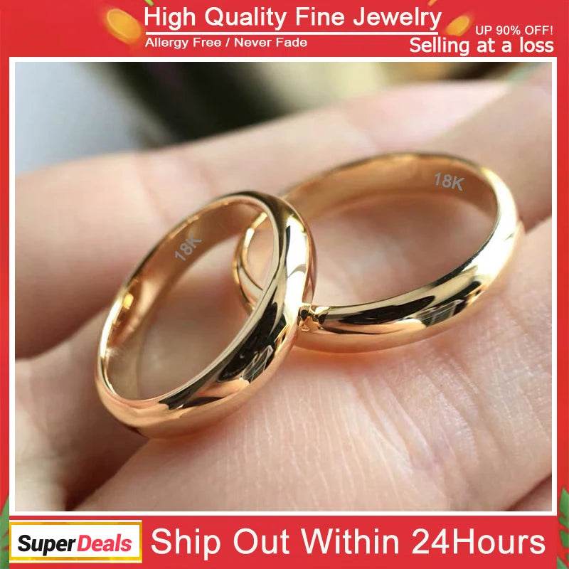 Non-Fading Fine 4mm Round 18K Golden Ring Women's Men's Simple Wedding Band Lover's Couple's Gift Jewelry - FLORANZANI- Beauté & Santé