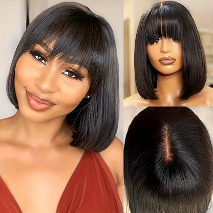 Choice Short Bob Wig Bone Straight 100% Human Hair With Bangs 3x1 Lace Middle Part Wigs For Black Women Bob Wigs - FLORANZANI- Beauté & Santé