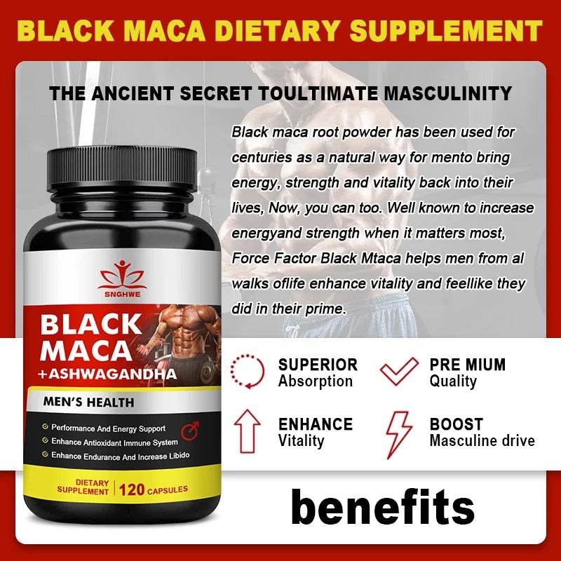 120 Black Maca Booster for Men - Maca Supplements for Health, Energy & Endurance, Muscle Mas Supplements - FLORANZANI- Beauté & Santé