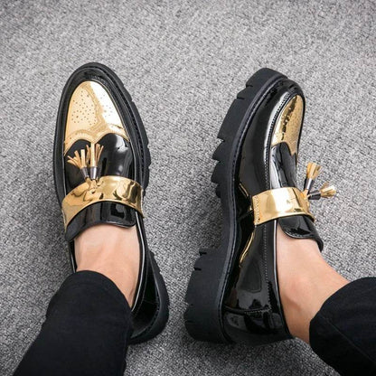 Golden Men's Casual Slip-On Tassel Patent Loafers Thick Bottom Elevator Shoes Fashion Men's Party Shoes Business Shoes Brogue - FLORANZANI- Beauté & Santé