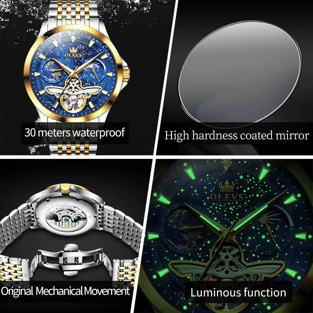 OLEVS Luxury Brand Men's Watches Luminous Waterproof Fully Automatic Mechanical Watch Starry Sky Dial Moon Phase Hollow Out - FLORANZANI- Beauté & Santé