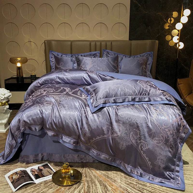 Soft Satin Jacquard Cotton Bedding Set, Luxury Duvet Cover, Blue, Gold, Gray, Queen, King Bed Sheet, Pillowcases, Home Textiles - FLORANZANI- Beauté & Santé