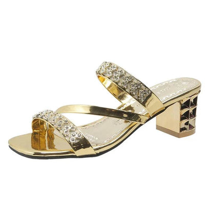 Shiny Gold Silver Women's Sandals Summer 2023 Crystal High Heels Party Shoes Woman Comfortable Thick Heel Slides Sandalias Mujer - FLORANZANI- Beauté & Santé