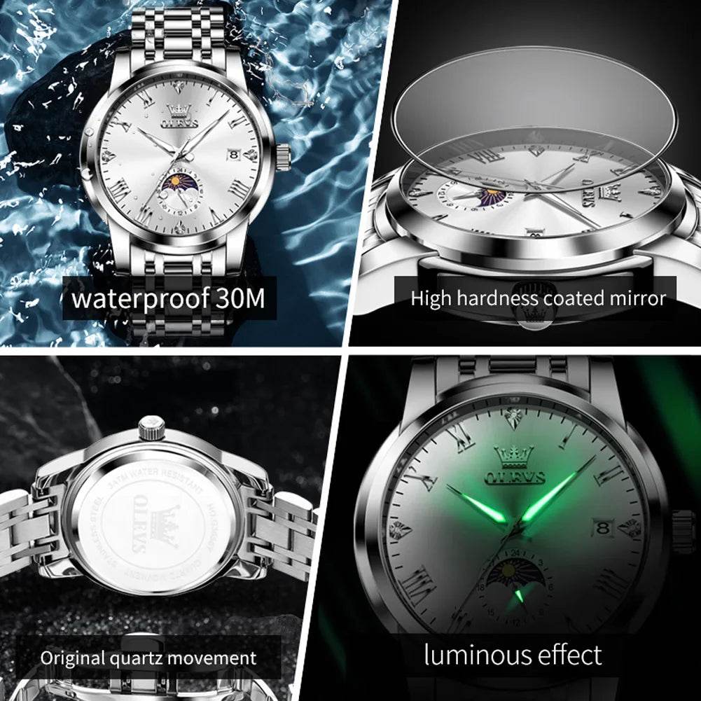 OLEVS Top Brand Men's Watches Fashion Original Quartz Watch for Man Waterproof Stainless Steel Luminous Wristwatch Moon Phase - FLORANZANI- Beauté & Santé