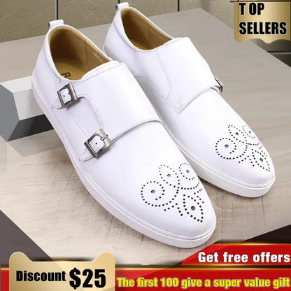 Men's Leather Shoes Casual Shoes Premium Classic White Brogue Handmade Leather Shoes Men's Fashion Dating Flat Party Shoes - FLORANZANI- Beauté & Santé