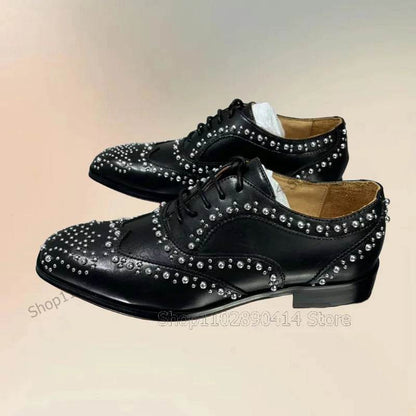 Silver Rivets Decor Black Strappy Square Toe Loafers Fashion Lace Up Men Shoes Luxurious Handmade Party Office Men Dress Shoes - FLORANZANI- Beauté & Santé