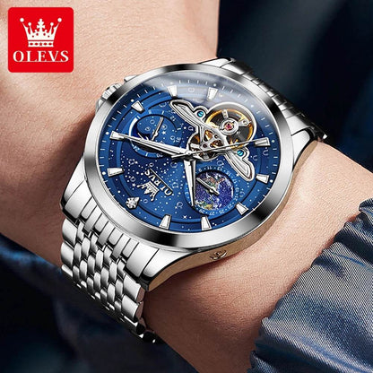 OLEVS Man Watch Skeleton Automatid Mechanical Wrist Watch For Mens Waterproof Moon Date Business Watch 6705 - FLORANZANI- Beauté & Santé