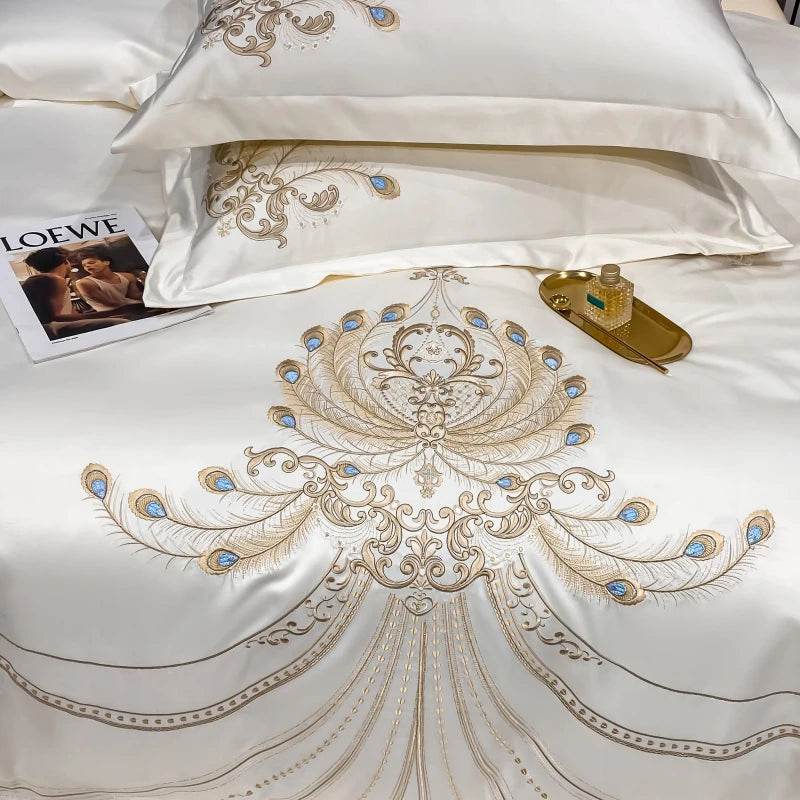 Luxury Gold Feather Embroidery Egyptian Cotton Champagne/Light Yellow Patchwork Duvet Cover Bed Sheet Pillowcases Bedding Set - FLORANZANI- Beauté & Santé