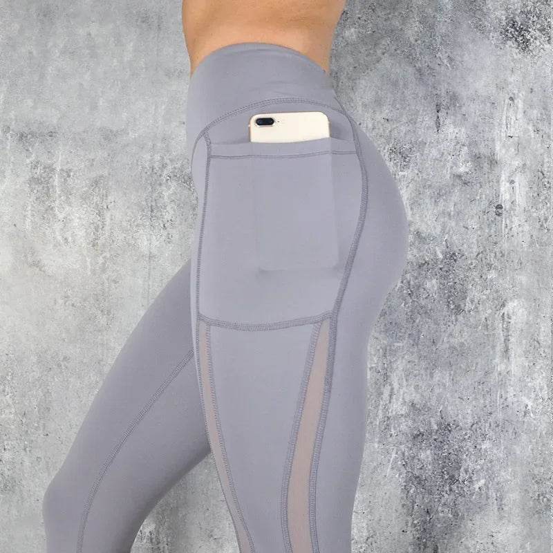 Mesh Spliced Leggings Women Seamless Tights with Pocket Pants High Waist Hip Lift Gym Trainning Running Elastic Slim Yoga Pants - FLORANZANI- Beauté & Santé