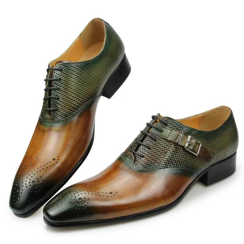 Luxury Mens Business Genuine Leather Shoes Fashion Wedding Oxfords Lace-up Pointed Toe Black Green Coffee Brogues Dress Shoes - FLORANZANI- Beauté & Santé