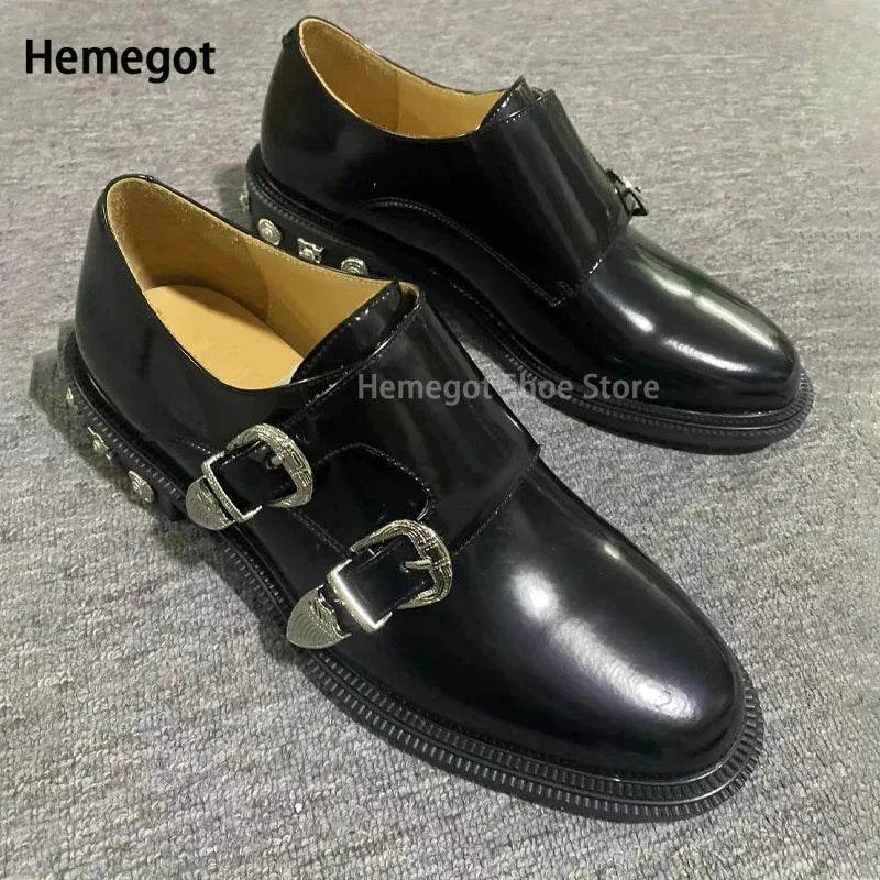 Studded Black Leather Shoes for Men Metal Buckle Design Men's Round Toe Shoes Retro Stylish Slip-On Luxury Brand Loafers New In - FLORANZANI- Beauté & Santé