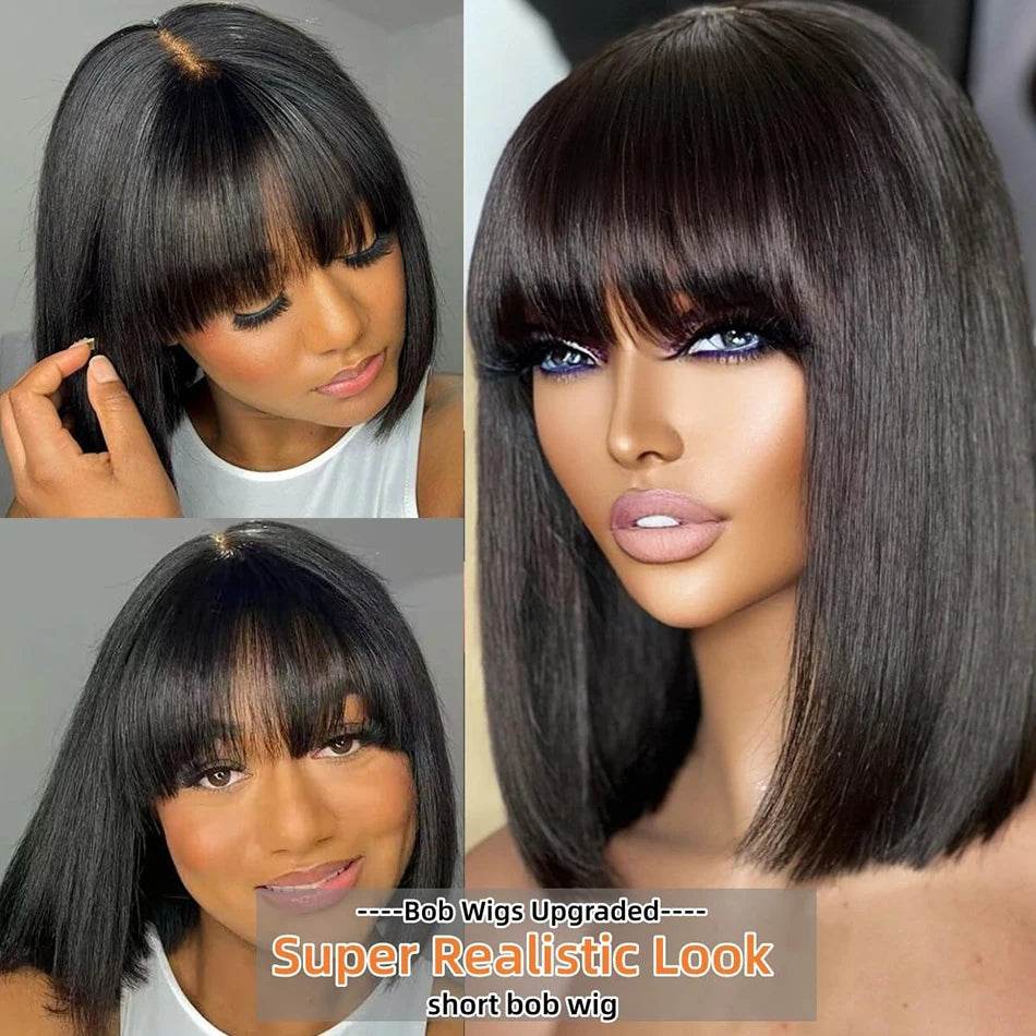 Middle Part 3X1 Hd Lace Wig Bone Straight Human Hair Wigs With Bangs Short Bob Wigs Full Machine Made Short Bob Human Hair Wigs - FLORANZANI- Beauté & Santé