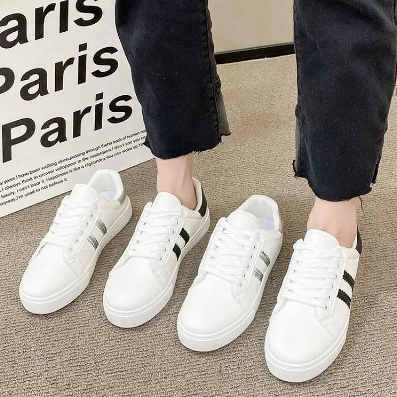 Spring Autumn New Anti-Slip Casual Shallow White Shoes Women Flat Bottom One-Legged Versatile Sports Leather Student Board Shoes