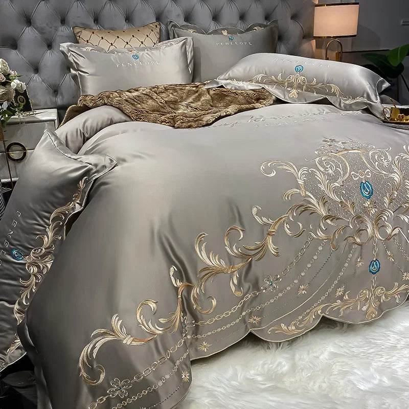 Egyptian Cotton Bedding Set Golden Embroidery Home Textiles Super Soft Bed Duvet Sheet Set King Queen Size Chic Stitch Linen 이불 - FLORANZANI- Beauté & Santé