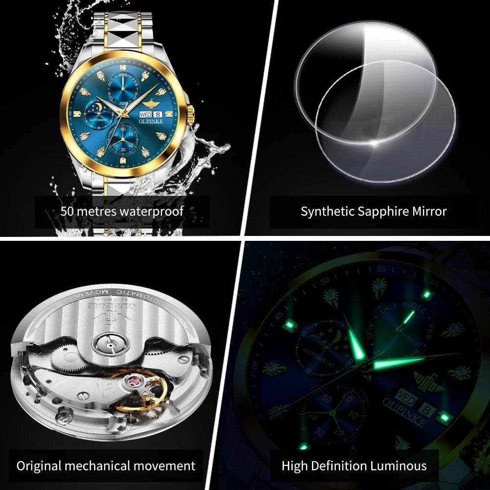 OUPINKE 3298 Mens Watch Original Automatic Mechanical Multifunctional Watch 50M Reloj Waterproof Luminous Watches Luxury Men - FLORANZANI- Beauté & Santé