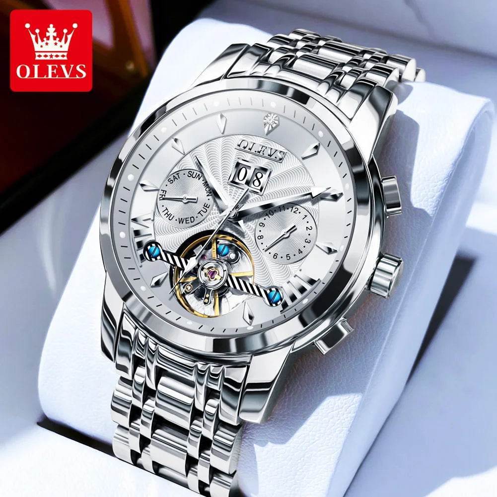 OLEVS 9965 Mens Watch Classic Hollow Out Automatic Mechanical Watch Original Movement Waterproof Luminous Calendar Year Moon - FLORANZANI- Beauté & Santé