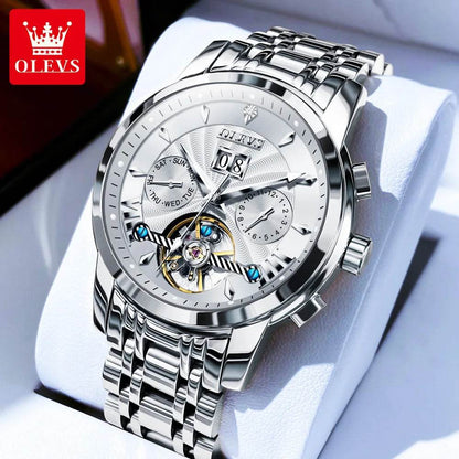 OLEVS 9965 Mens Watch Classic Hollow Out Automatic Mechanical Watch Original Movement Waterproof Luminous Calendar Year Moon - FLORANZANI- Beauté & Santé