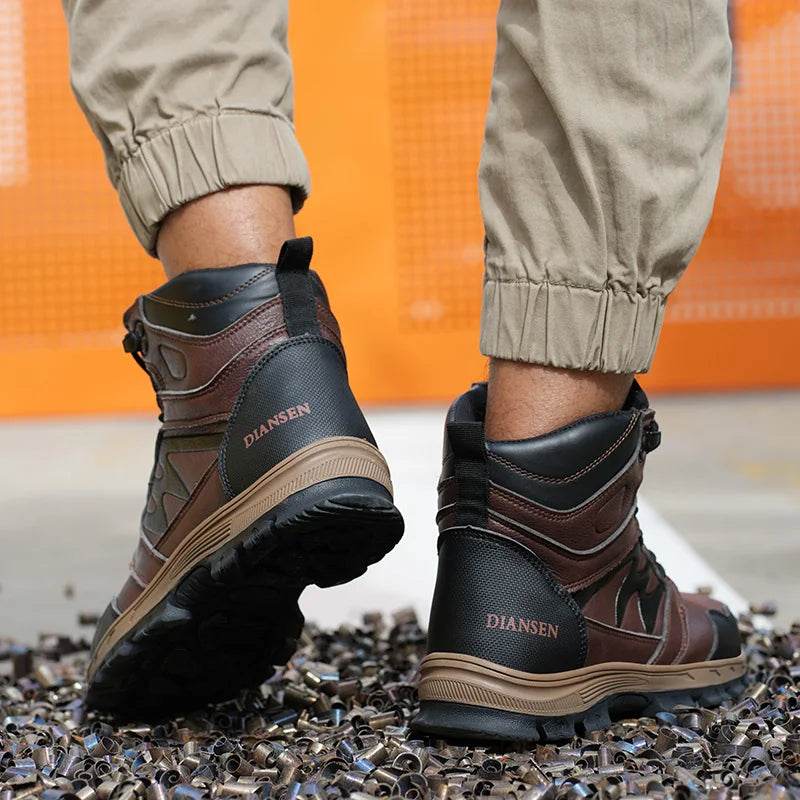 Tongue-linking Design Waterproof Leather Security Work Safety Boots for Men Anti-smash Anti-puncture Male Shoes Botas Brown - FLORANZANI- Beauté & Santé