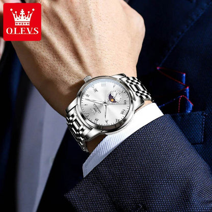 OLEVS Top Brand Men's Watches Fashion Original Quartz Watch for Man Waterproof Stainless Steel Luminous Wristwatch Moon Phase - FLORANZANI- Beauté & Santé