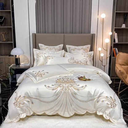 Luxury Gold Feather Embroidery Egyptian Cotton Champagne/Light Yellow Patchwork Duvet Cover Bed Sheet Pillowcases Bedding Set - FLORANZANI- Beauté & Santé