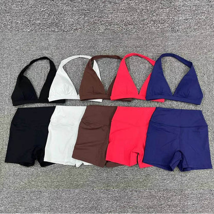 1/2PCS Deep V Bra Gym Halter Yoga Set Women Gym Sportswear Outfits Workout Fitness Shorts For Female Workout Active Wear Suit - FLORANZANI- Beauté & Santé