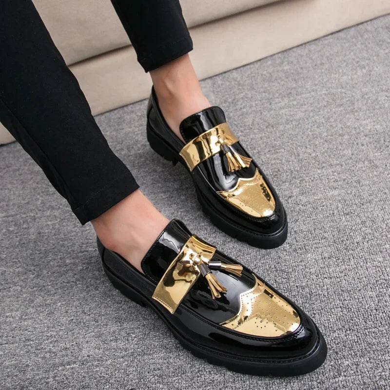 Golden Men's Casual Slip-On Tassel Patent Loafers Thick Bottom Elevator Shoes Fashion Men's Party Shoes Business Shoes Brogue - FLORANZANI- Beauté & Santé