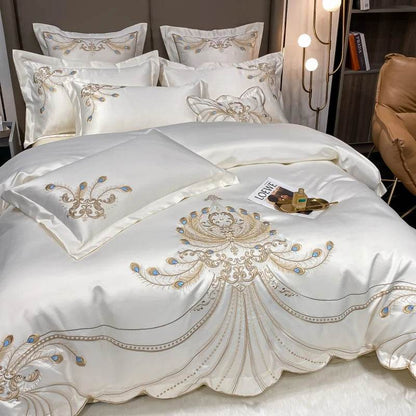 Luxury Gold Feather Embroidery Egyptian Cotton Champagne/Light Yellow Patchwork Duvet Cover Bed Sheet Pillowcases Bedding Set - FLORANZANI- Beauté & Santé