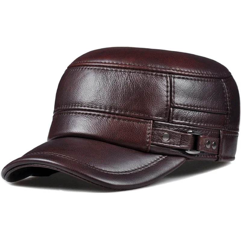 Winter Genuine Leather Cap Men's Flat Caps Military Hat Elegant Man Baseball Cap British Vintage Cowhide Ear Warm Hat - FLORANZANI- Beauté & Santé