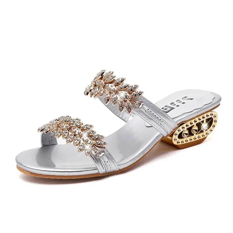 Shiny Crystal Slippers Women Luxury Rhinestone Med Heels Sandals Woman Bohemian Gold Strange Heel Flip Flops Summer Shoes - FLORANZANI- Beauté & Santé