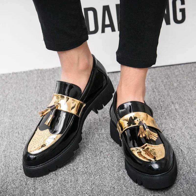 Golden Men's Casual Slip-On Tassel Patent Loafers Thick Bottom Elevator Shoes Fashion Men's Party Shoes Business Shoes Brogue - FLORANZANI- Beauté & Santé