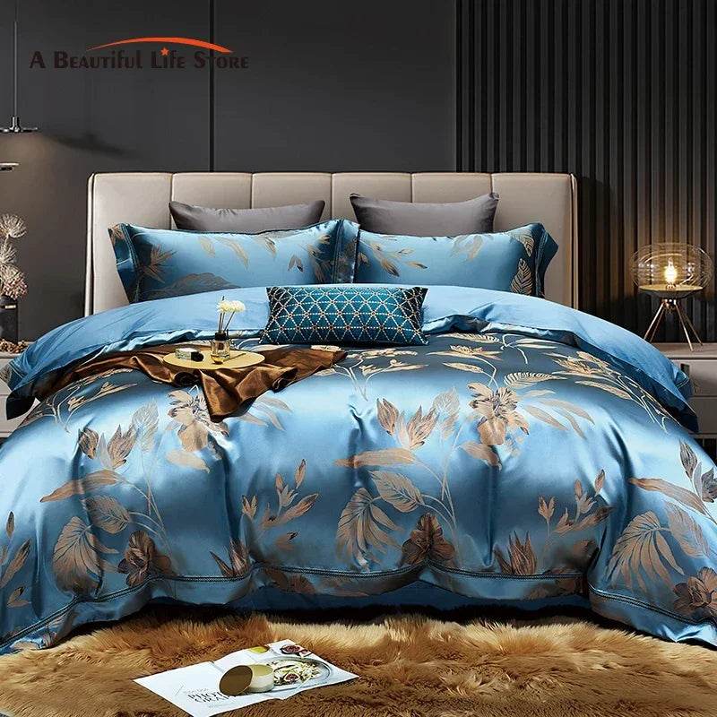 Luxury Satin Jacquard Cotton Bedding Set Gold Leaves Egyptian Cotton Smooth Duvet Cover Set Flat/Fitted Sheet Pillowcases - FLORANZANI- Beauté & Santé