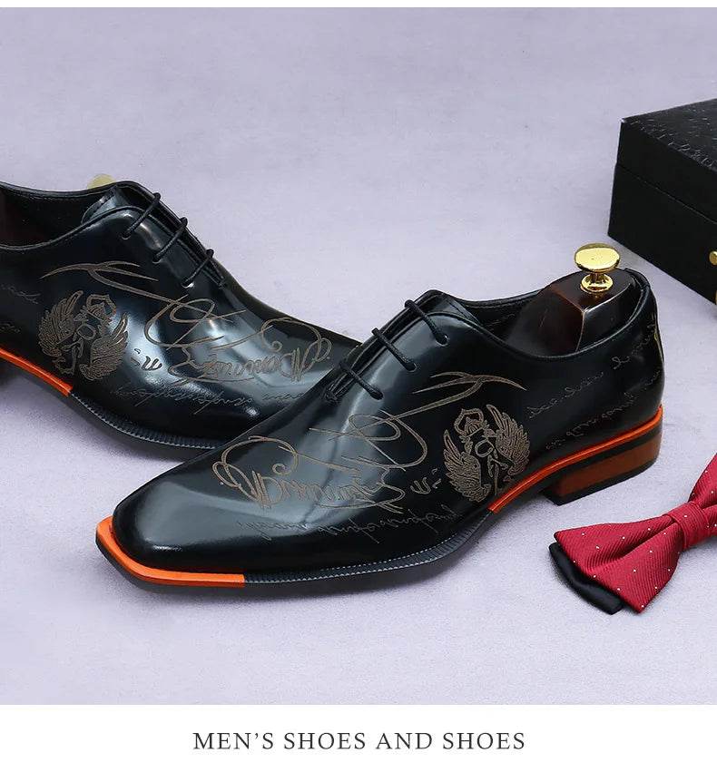 Embossed Printed Business Formal Cowhide Shoes Men's Oxfords Genuine Leather Casual Lacquered Shiny Leather British Men's Shoes - FLORANZANI- Beauté & Santé