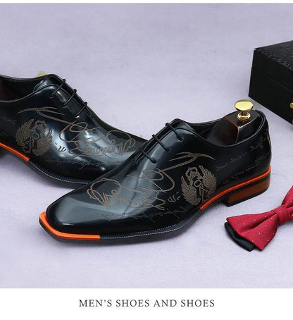 Embossed Printed Business Formal Cowhide Shoes Men's Oxfords Genuine Leather Casual Lacquered Shiny Leather British Men's Shoes - FLORANZANI- Beauté & Santé