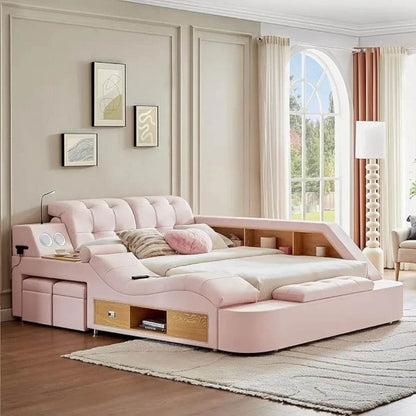 Multifunctional Queen Bed Frame,Smart Bed with Massage Recliner on Right Speaker/Storage Drawers,Adjustable Leather Up Headboard - FLORANZANI- Beauté & Santé