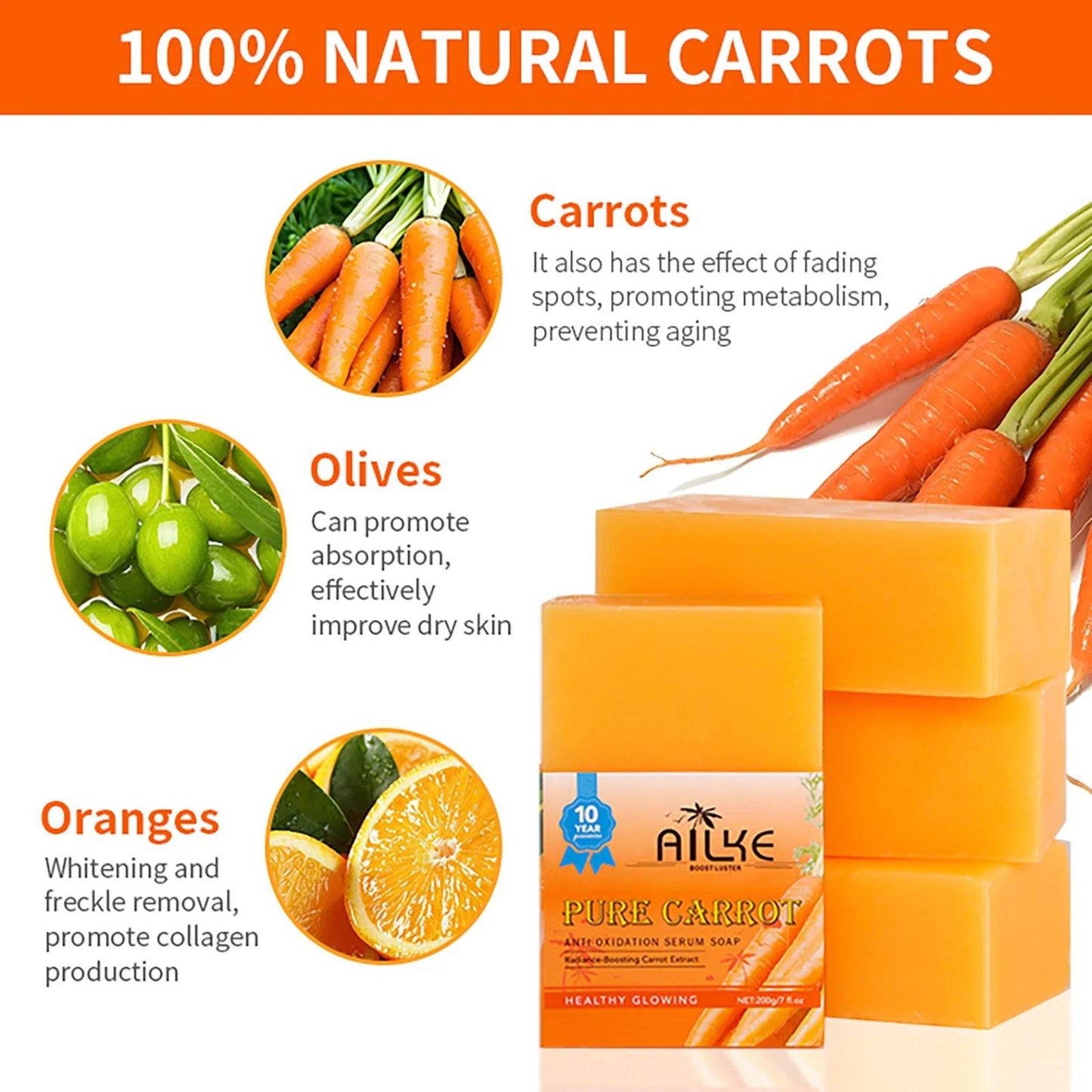 AILKE Pure Carrot Anti-Oxidation Serum Soap, Brightening Skin Tone, With Rich Foam, Suitable For Black Dark Skin, Vegan Soap - FLORANZANI- Beauté & Santé