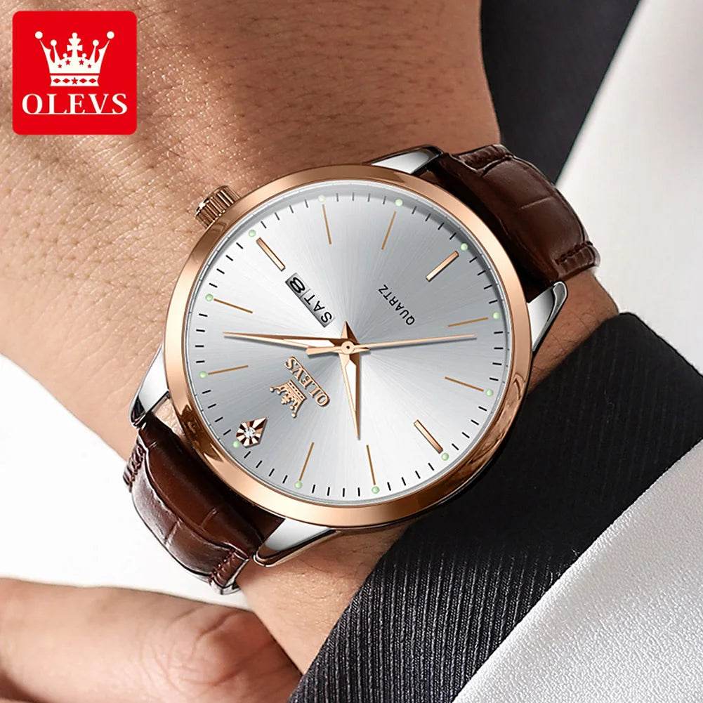 OLEVS Fashion Business Brand Original Men Watches Leather Strap Trend Week Calendar Quartz Watch Luminous Waterproof 43mm Dial - FLORANZANI- Beauté & Santé