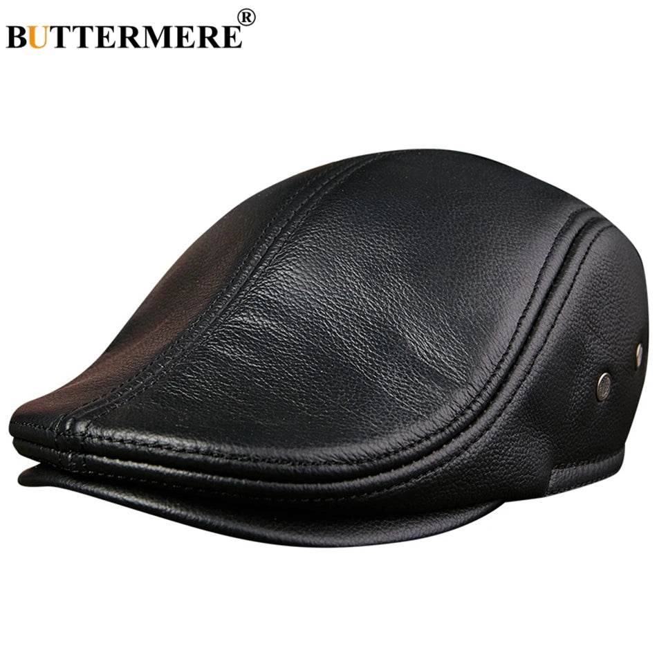 BUTTERMERE Flat Caps Men Real Leather Duckbill Hats Berets Earflaps Black Casual Directors Cap Male Vintage Winter Driving Caps - FLORANZANI- Beauté & Santé