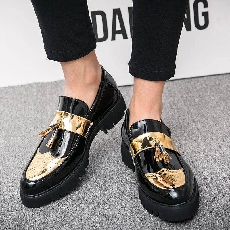 Golden Men's Casual Slip-On Tassel Patent Loafers Thick Bottom Elevator Shoes Fashion Men's Party Shoes Business Shoes Brogue - FLORANZANI- Beauté & Santé