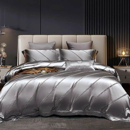 Luxury Satin Jacquard Cotton Bedding Set Gold Leaves Egyptian Cotton Smooth Duvet Cover Set Flat/Fitted Sheet Pillowcases - FLORANZANI- Beauté & Santé