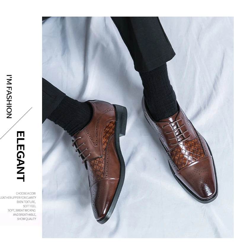 Weaving Formal Shoes For Men Brown Leather Men's Shoes Fashion Stitching Elegant Mans Autumn Footwear Male Wedding Shoes - FLORANZANI- Beauté & Santé