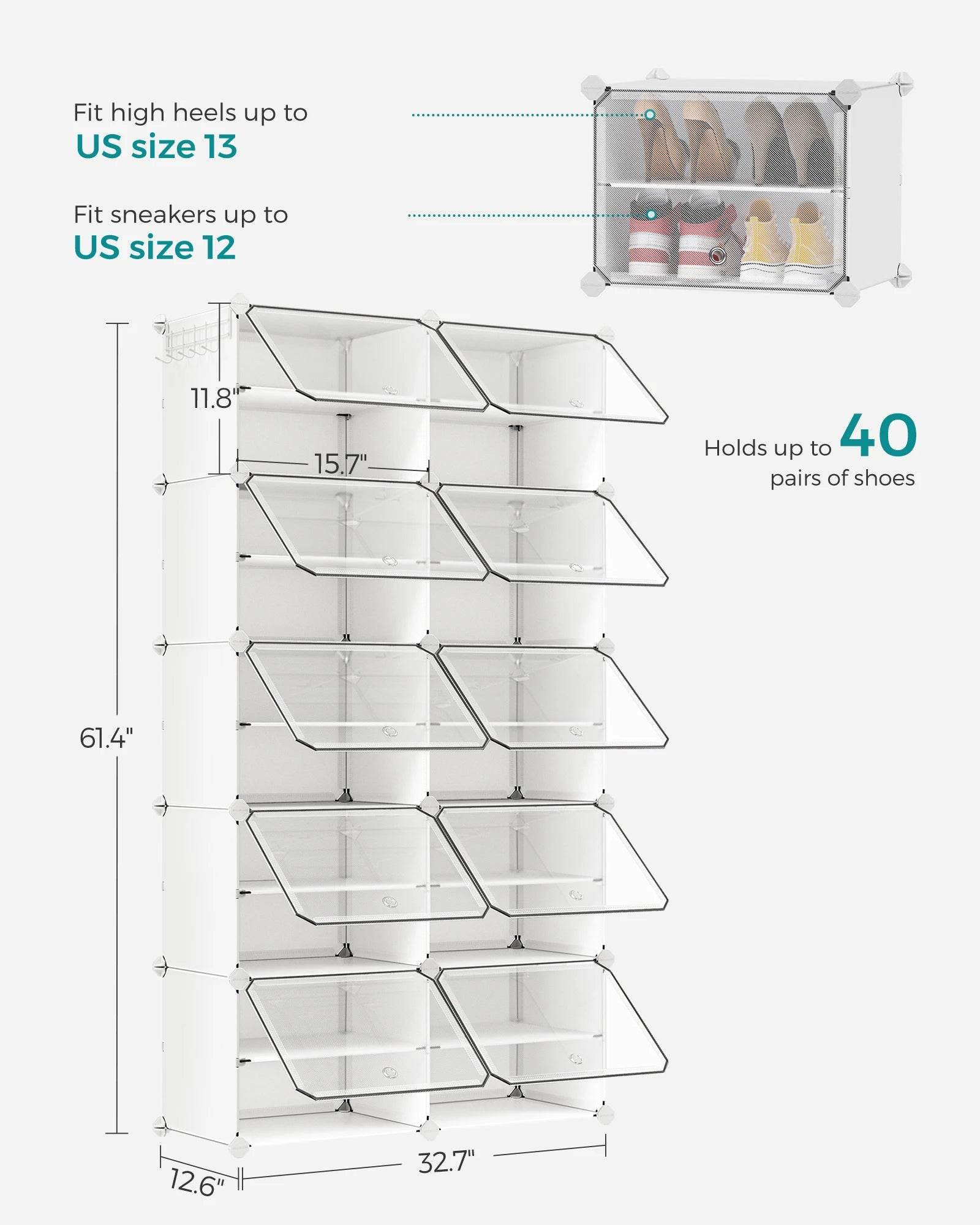 SONGMICS Interlocking Shoe Rack with Doors, 40-Pair 10-Tier Shoe Organizer, Steel Frame and Plastic Shelves - FLORANZANI- Beauté & Santé