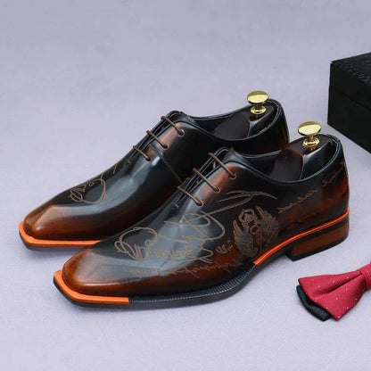 Embossed Printed Business Formal Cowhide Shoes Men's Oxfords Genuine Leather Casual Lacquered Shiny Leather British Men's Shoes - FLORANZANI- Beauté & Santé