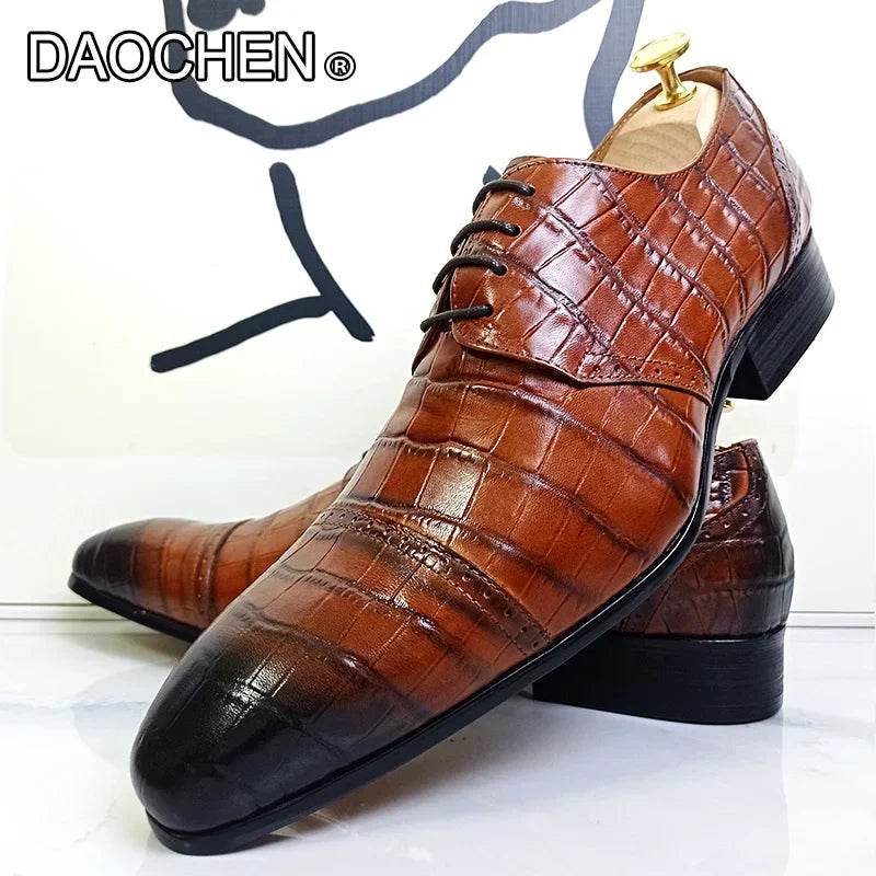 LUXURY BRAND CASUAL MEN DRESS SHOES BROWN BLACK LACE UP POINTED DERBY OXFORD PRINT WEDDING OFFICE REAL LEATHER SHOES MEN - FLORANZANI- Beauté & Santé