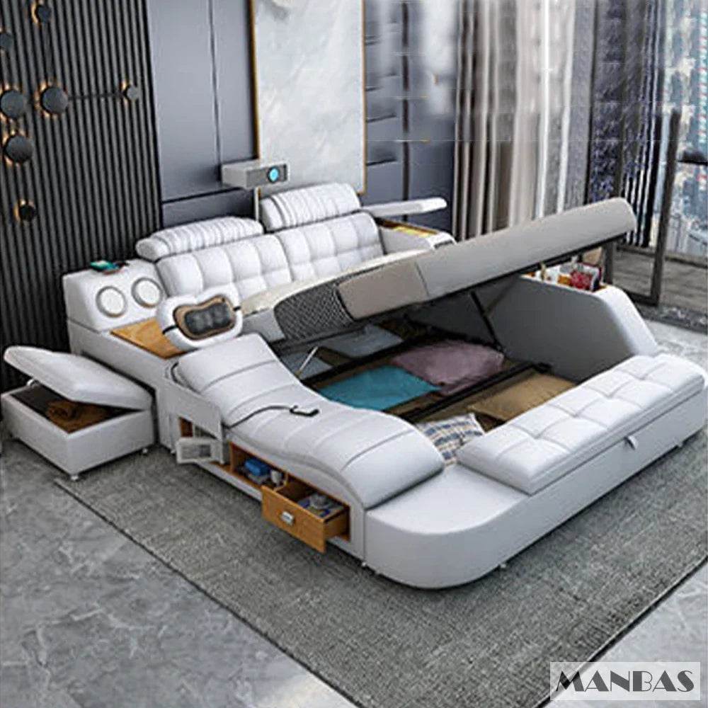 MANBAS Tech Smart Genuine Leather Bed | Multifunctional Ultimate Beds | Massage Tatami Bed with Projecter | Upholstered Cama - FLORANZANI- Beauté & Santé