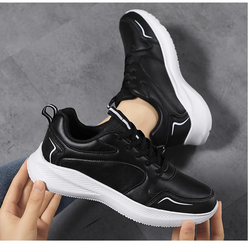 Women Running Shoes PU Leather Lace-up Men Warm Light Walking Sneaker Fitness Sport Flats Comfortable Black Size 35-44 Loafers