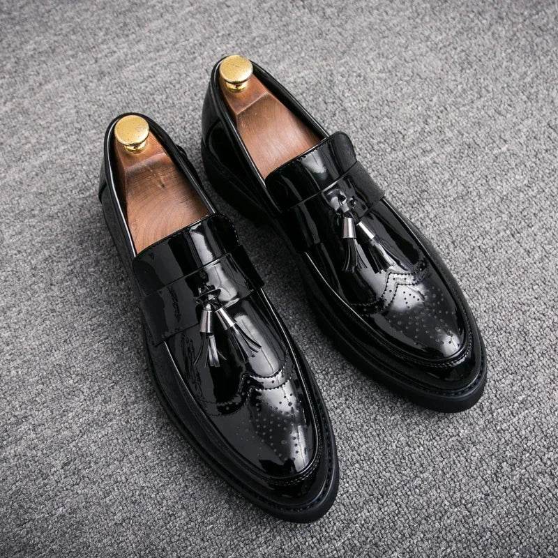 Golden Men's Casual Slip-On Tassel Patent Loafers Thick Bottom Elevator Shoes Fashion Men's Party Shoes Business Shoes Brogue - FLORANZANI- Beauté & Santé