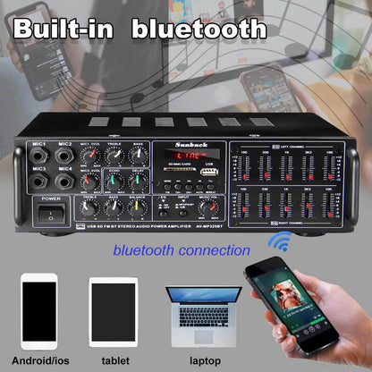 8000W Bluetooth Amplifiers Support 4 Way Microphone Input USB SD FM AUX Digital Audio Stereo Amplificador Speaker Remote Control - FLORANZANI- Beauté & Santé